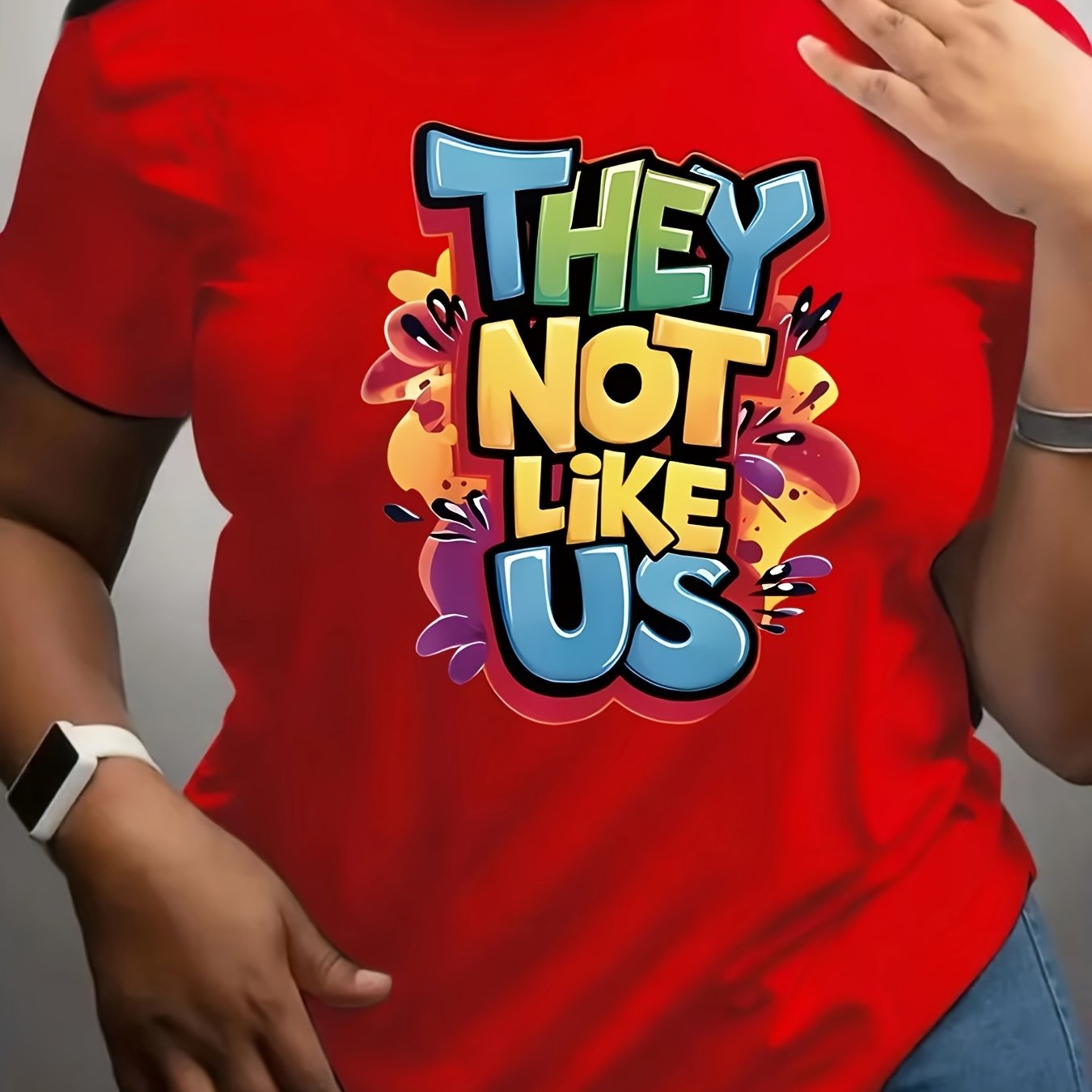 Women's Plus Size Casual Graphic Tee - "They Not Like Us" Colorful Print, Short Sleeve, Round Neck, Stretchy Polyester Blend, Machine Washable, Spring/Summer Fashion Top, Summer Tshirt | Statement Tshirt | Glossy Fabric Finis