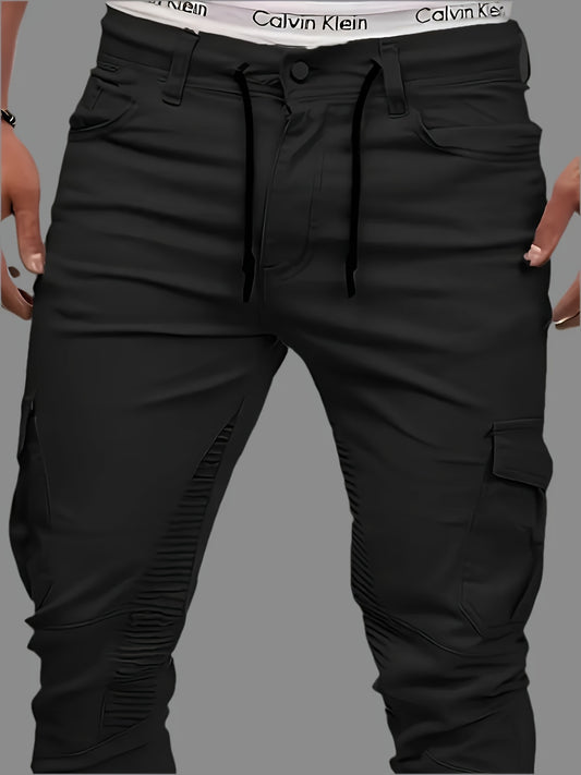 [HME] Classic And Versatile Men'S Faux Denim, Mid-waist Stretch Slim Skinny Pants, With Drawstring Design At The Waist, Three-dimensional Cut Multi-pocket Workwear Style, Strong Durability, Essential For Daily Casual Wear Men