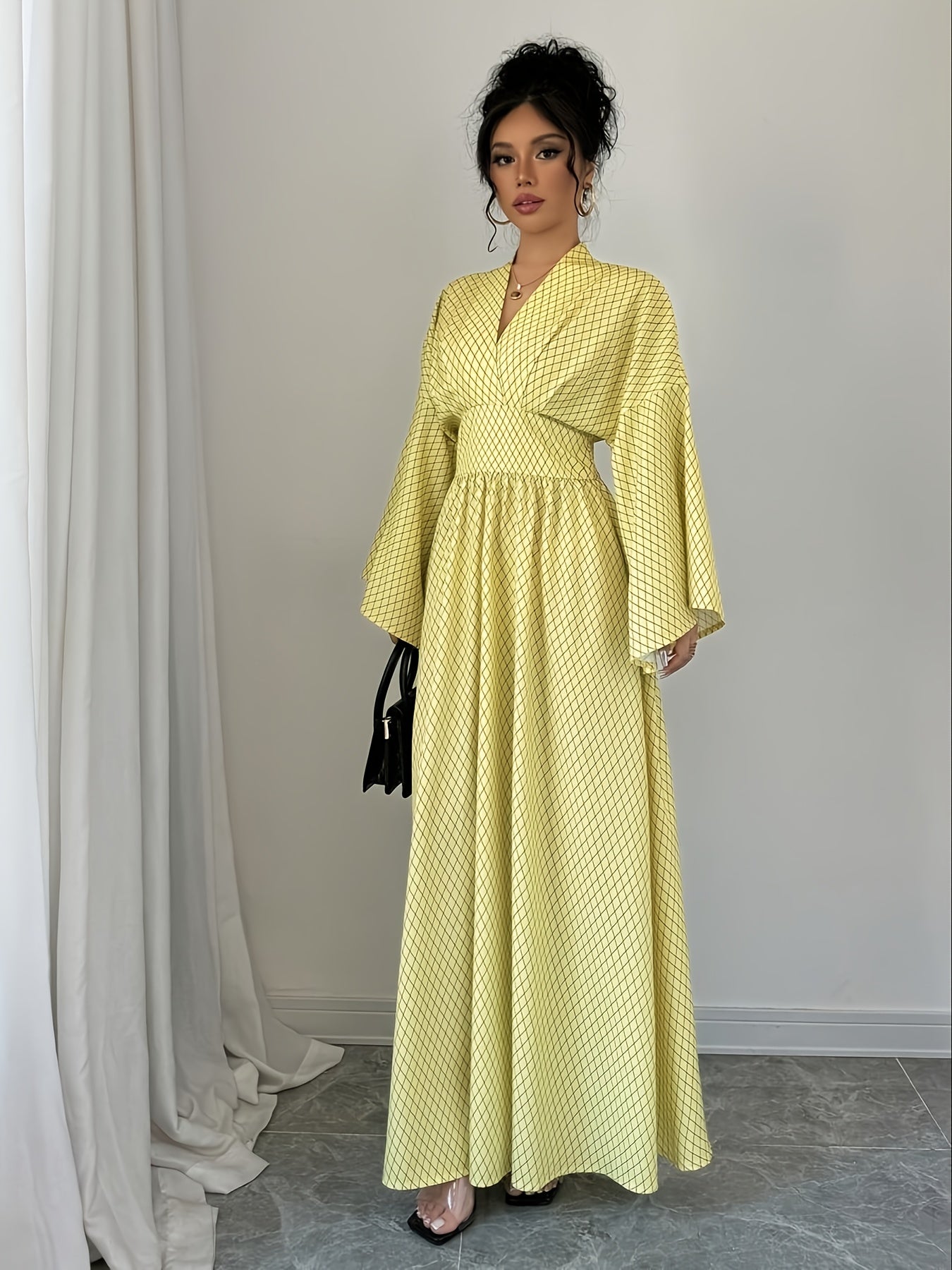 Long Sleeve Dress Women'S Batwing Sleeves V Neck Pleated Waist Flowing Dress Geometric Style Autumn Cocktail Party Evening Dress