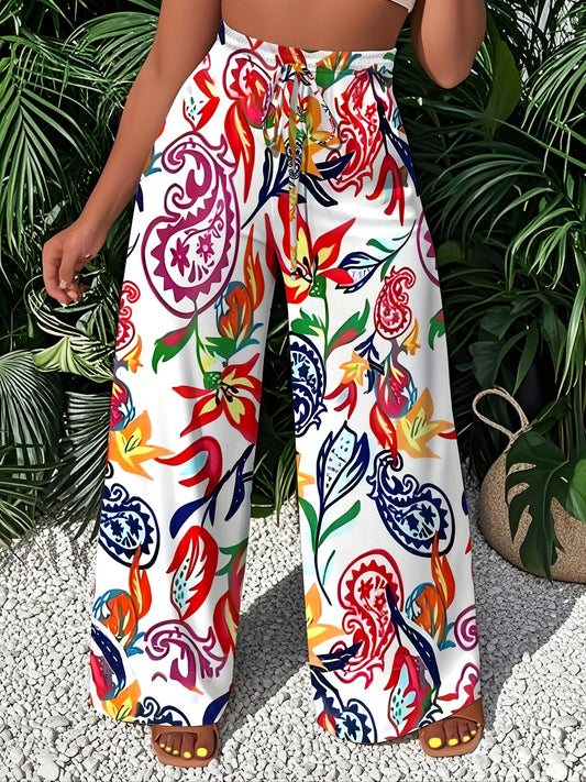 Women'S Vibrant Floral Print Wide-Leg Pants - Casual, Loose Fit, Summer Style with Colorful Paisley and Floral Design, Perfect for Beach or Outdoor Activities, Beach Attire|Vibrant Print Pants|Comfortable Fit, Beach Clothes