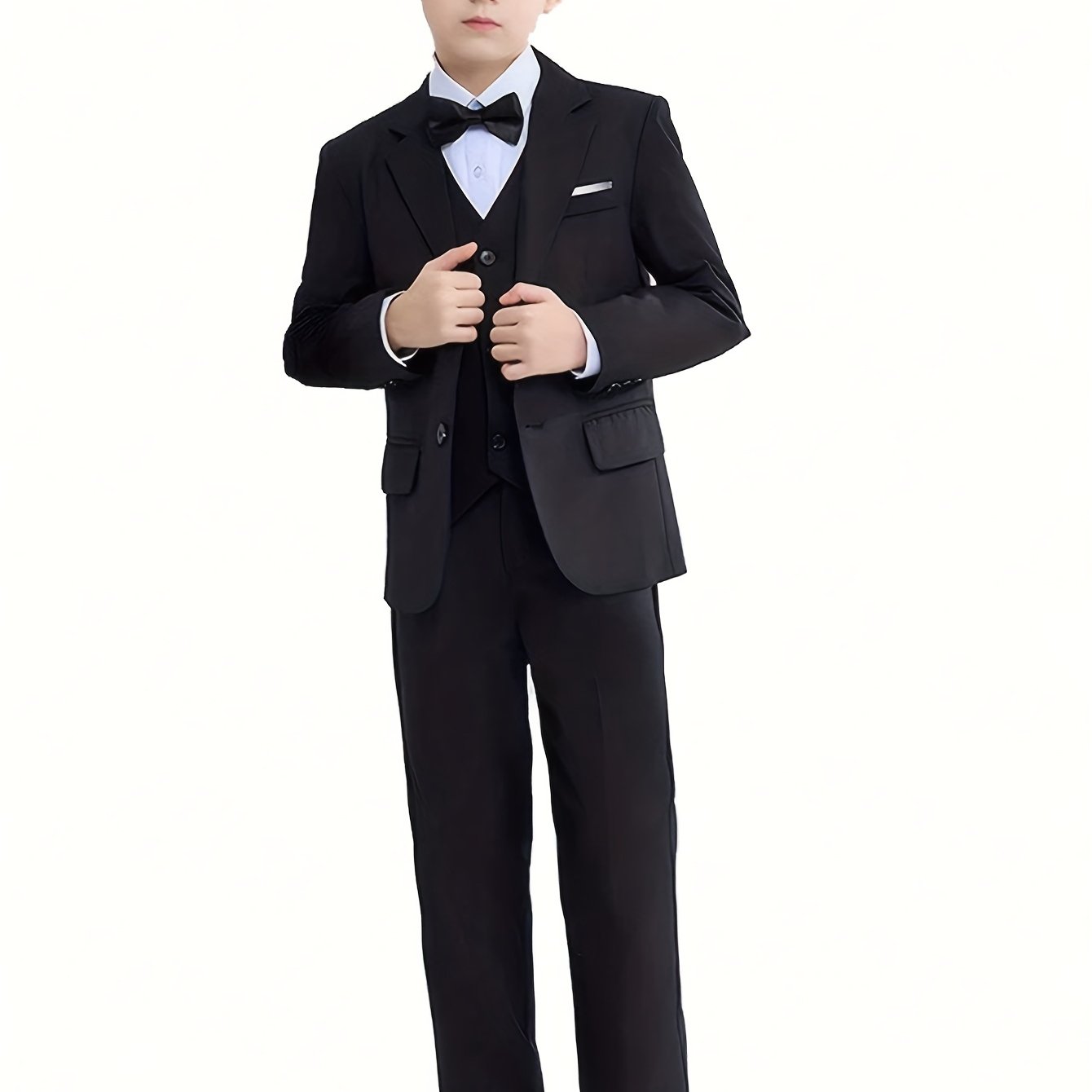 Navy Boys Suits Slim Fit 5 Piece Formal Dresswear Suit for Kids Tuxedo Wedding Set Boy Dress with Vest Pants Tie and Bow Tie