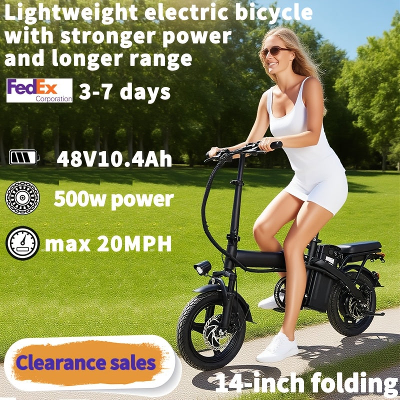 14 Inch Foldable Adult Electric Bicycle, Clearance Dealership, 500w Motor, Maximum Speed Of 20 MPH, 48V 10.4Ah Lithium Battery, 14 Inch Tires, Portable Folding Design, Outdoor Cycling Exercise, Urban Commuting Travel, Detacha
