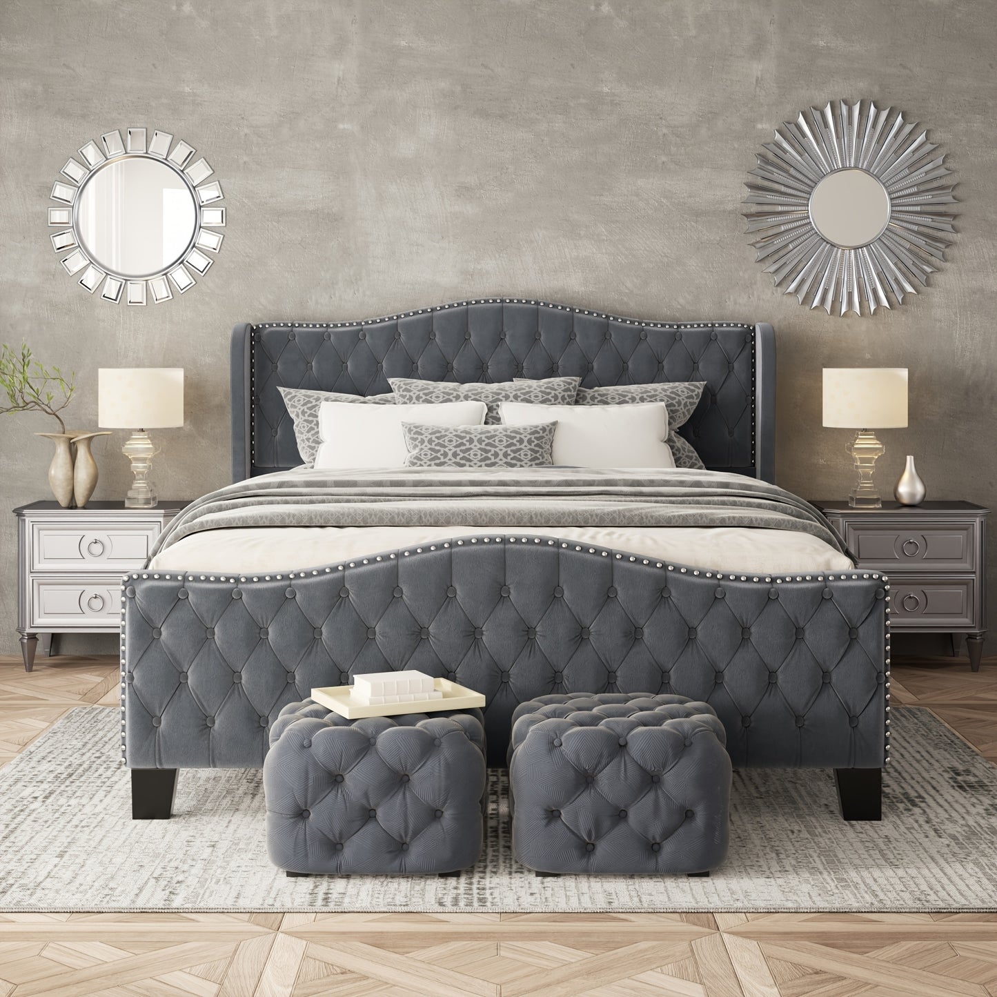 Queen Size Platform Bed Frame with 51-inch Tall Camelback Headboard & Wingback, Gorgeous Studded Trim, Mattress Foundation, No Box Spring Needed, Cream