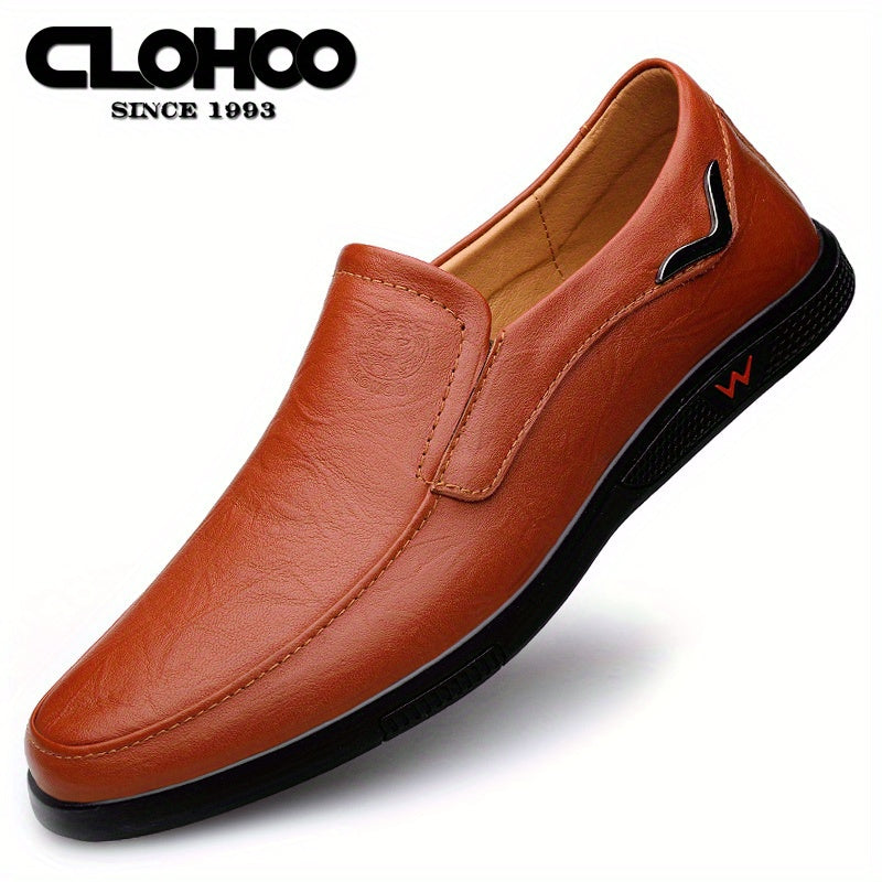 CLOHOO Men's Slip-On Casual Shoes - Genuine Leather Upper, Rubber Sole with PU Cushioned Insole, All-Season Comfort for Business , Brown/Black, Casual Footwear | Classic Slip on | Rubber Sole Footwear