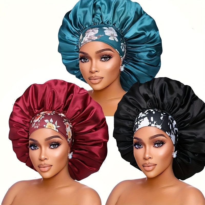 3pcs Satin Sleep Caps for Women - Breathable High-Density Hair Caps with Floral, Solid & Leafy Designs, Soft Elastic Edges for Chemotherapy, Night Hair Care & All-Season Use, Hair Bonnet for Sleeping, Elegant Sleepwear