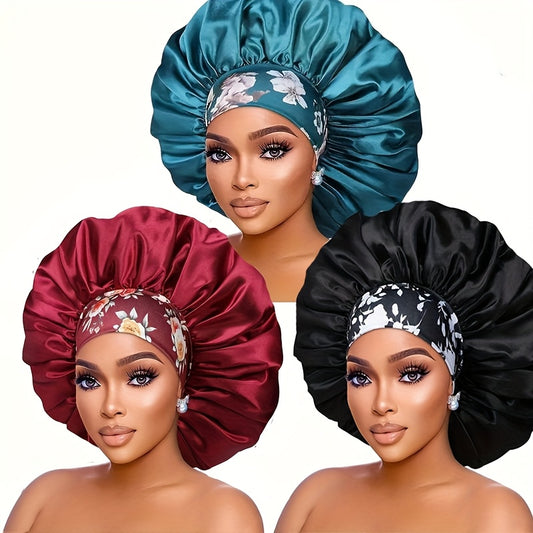 3pcs Satin Sleep Caps for Women - Breathable High-Density Hair Caps with Floral, Solid & Leafy Designs, Soft Elastic Edges for Chemotherapy, Night Hair Care & All-Season Use, Hair Bonnet for Sleeping, Elegant Sleepwear