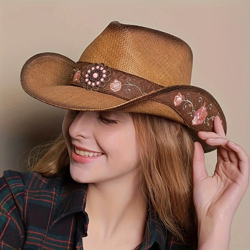 Trendy Choice Women's Western Cowboy Hat - Embroidered Natural Straw Hat with Drawstring Closure, Non-Stretching Fit & Hand Washable - All-Season Outdoor & May Day Celebration Hat