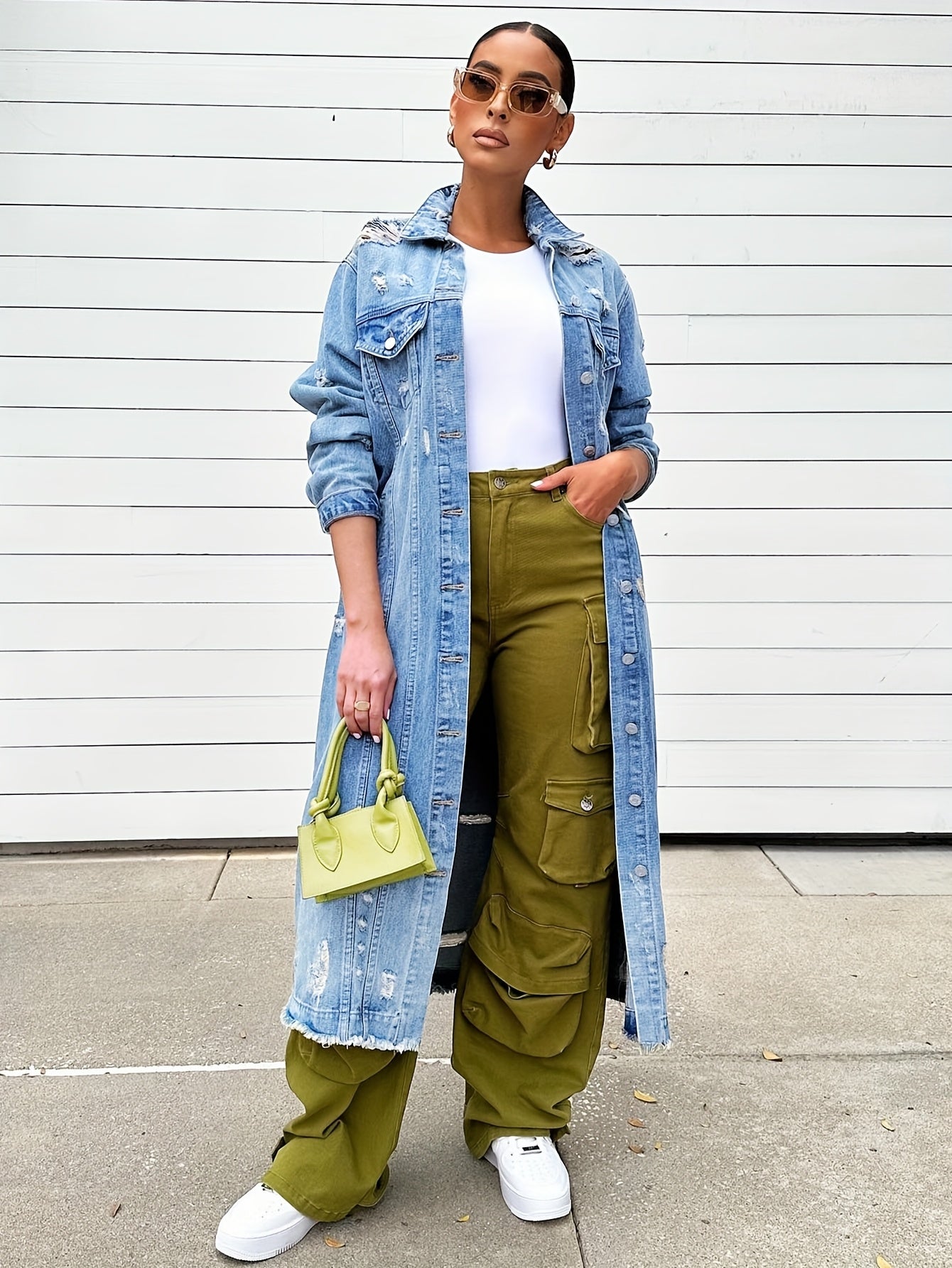 Broken Hole Long Denim Jacket, Women'S Denim Trench Coat Jacket, Real Pocket