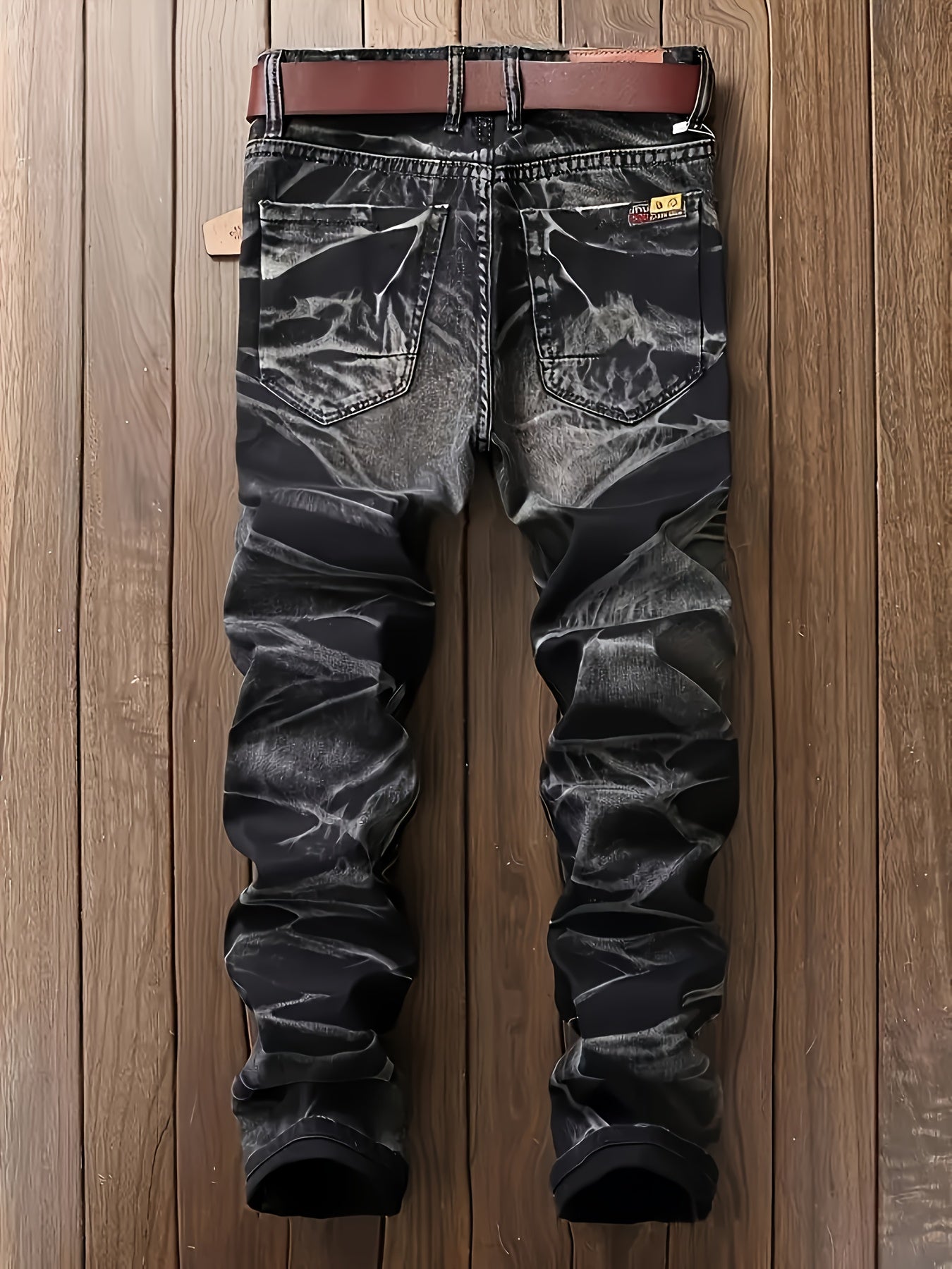 HME Men's Stretch Jeans - Mid-Rise Slim Straight Leg with Tie-Dye Black/White Pattern, Built-in YKK Zipper Closure, Machine Washable Denim Pants for Everyday & Formal Wear - Streetwear Essentials, Versatile Clothing, Vintage
