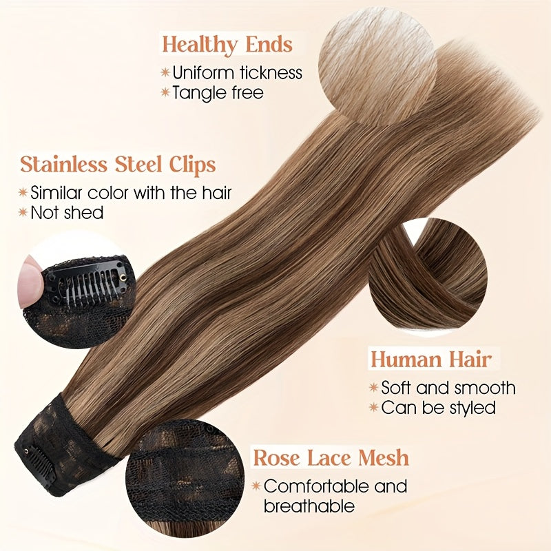 16-Inch Long Human Hair Clip In Extensions - Full Head V-Shaped Weft with 5 Clips, Natural Brown/Black/Blonde/Dark Brown/ Brown/Dirty Blonde/Chestnut Brown/Red Brown/White/Gray/ Auburn - Straight Hair Extension for Women, Bal