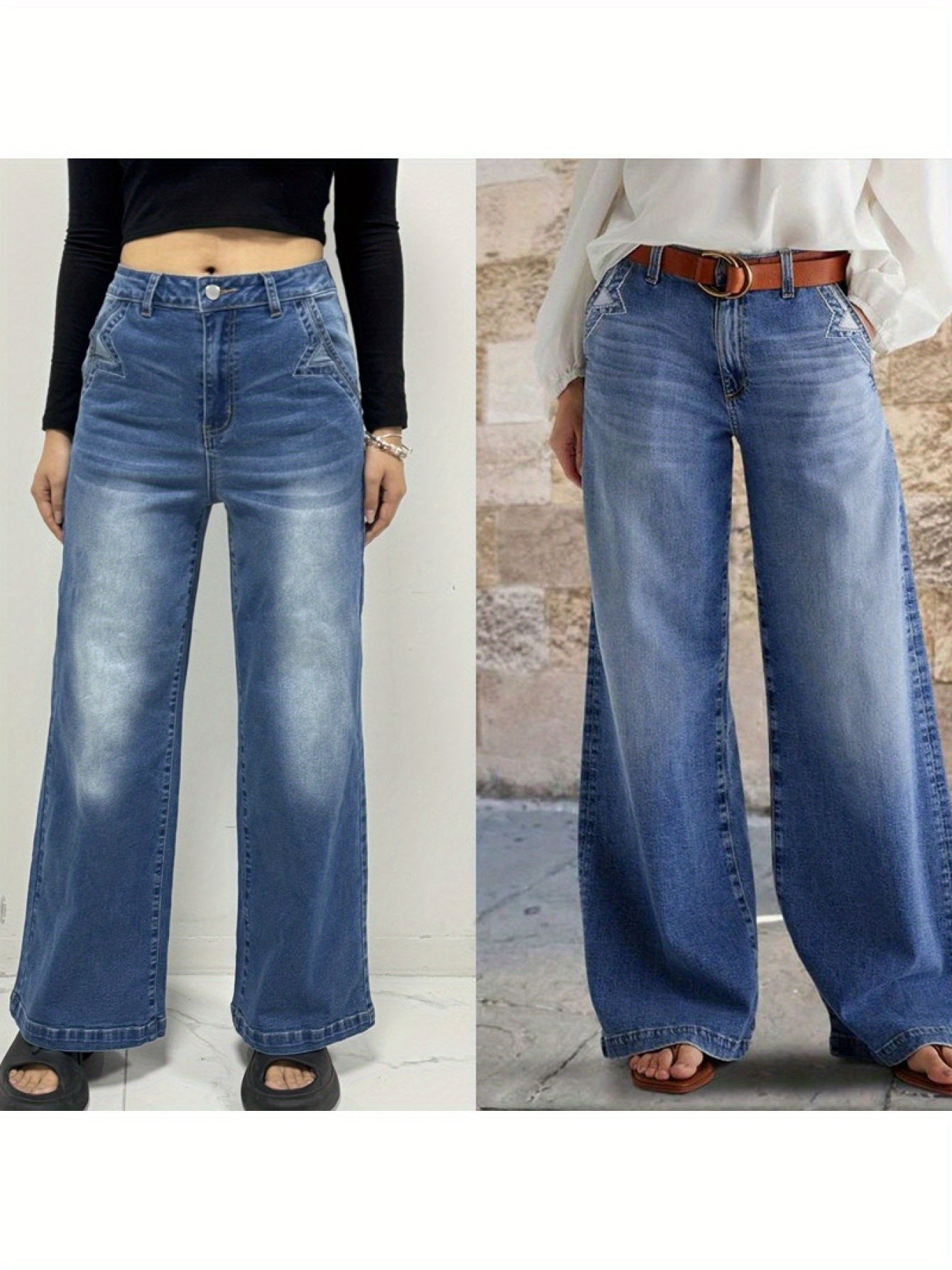 [Vintage High-Waisted Jeans] 1pc Women's High-Waisted Wide-Leg Jeans | Vintage Light Wash with Faded Details, Casual Loose-Fit Trousers Featuring Classic Belt Loops & Pockets, Stylish Full-Length Bottoms for Daily Streetwear,