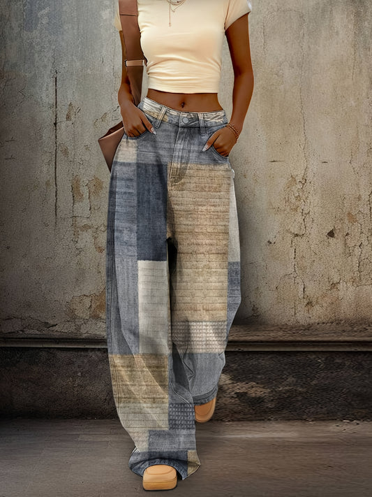 1 Pair Women's High-Waisted Loose Flared Jeans - Retro Casual Denim Pants with Creative Patchwork Print, Polyester Fabric, All-Season Comfort, Machine Washable, Ladies Jeans, Comfortable Fashion, Bellbottom Silhouette, Textur