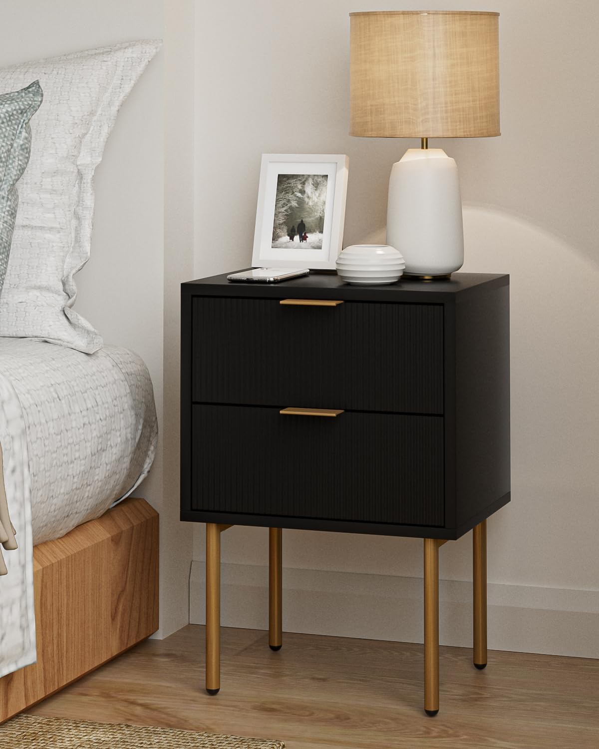 Nightstand,Small Bedside Table With Gold Frame,White Night Stand,Bedside Furniture,Side Table With Drawer And Shelf For
