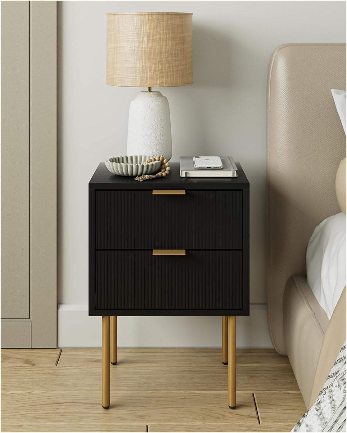Nightstand,Small Bedside Table With Gold Frame,White Night Stand,Bedside Furniture,Side Table With Drawer And Shelf For