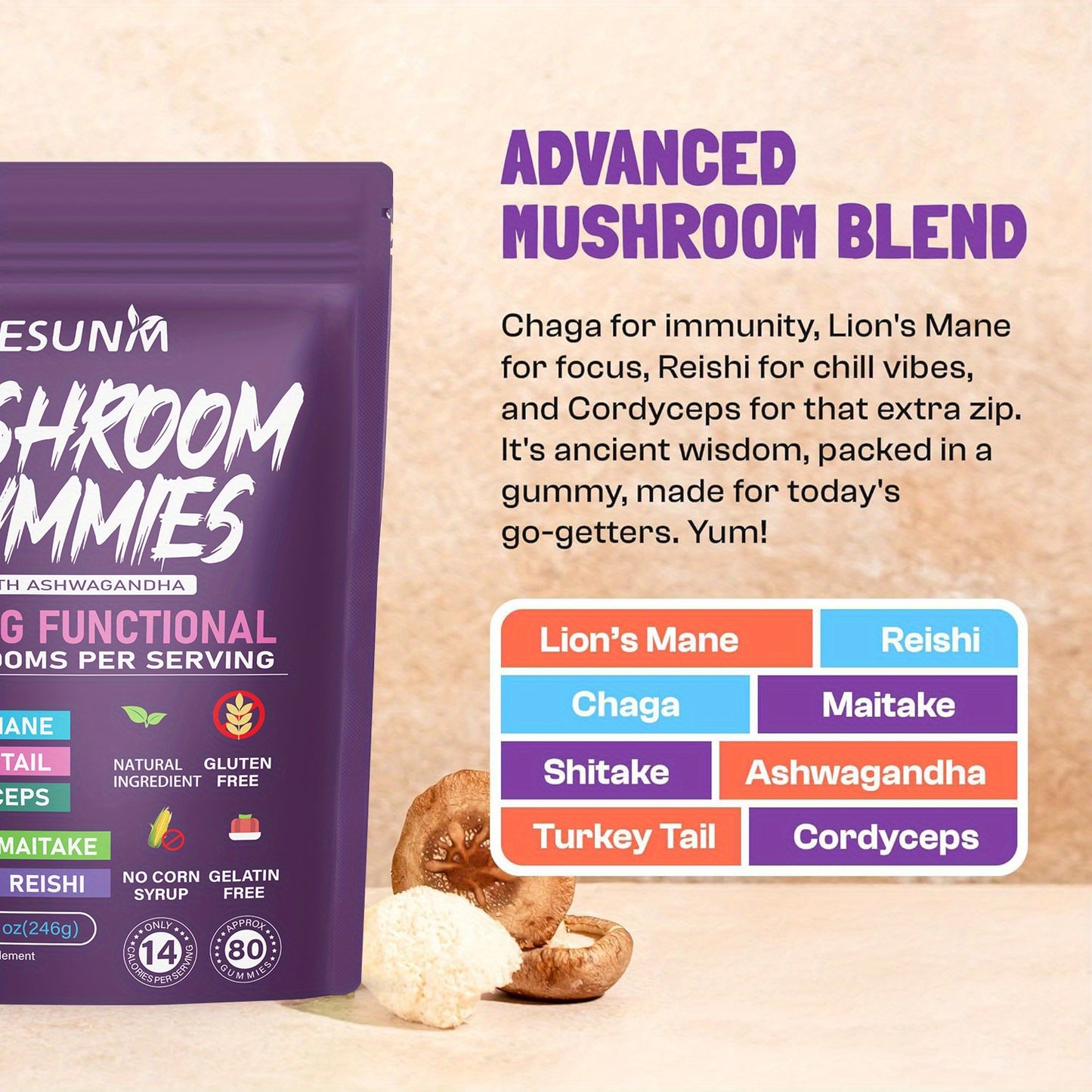 1/2/3/4 Bags Ashwagandha And Lions Mane Mushroom Gummies - Includes Reishi, Cordyceps, Turkey Tail, Maitake, Shiitake, And Chaga, Low Carb, 80 Gummies Per Bag