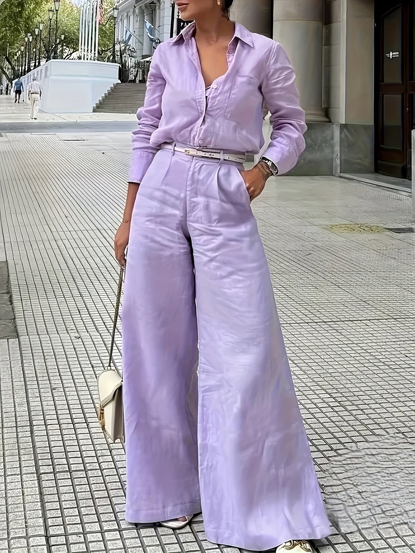 2025 Elegant Style New Arrival: Solid Color Long-Sleeve Shirt + High-Waisted Wide-Leg Pants Set, Suitable for Both Office And Vacation (Belt Not Included)