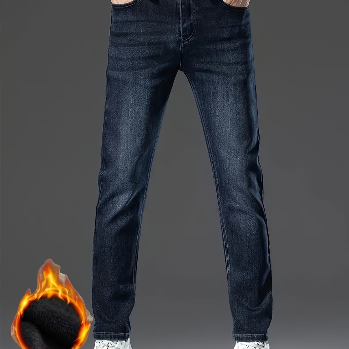 HME Men'S Thermal Insulated Fleece-Like Faux Denim Faux Denim - Mid-Rise Straight-Leg Winter Pants with YKK Zipper Closure, Machine Washable & Beltless Design, Business Casual & Casual Attire, Cold-Resistant Stretch Fabric (R