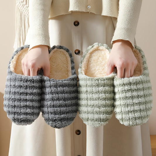 Women's Warm Plush Striped Print House Slippers - Slip-on Round Toe Anti-slip Soft Sole Casual Home Slides - For Women - Perfect for Cozy Winter Nights at Home - Ideal Gift for Her