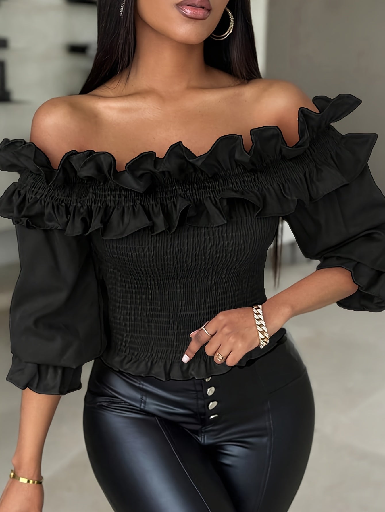 Elegant Off-Shoulder Shirred Blouse for Women - Solid Color, Polyester and Elastane, Machine Washable, Allseason Apparel | Fitted Top | Tailored Fit
