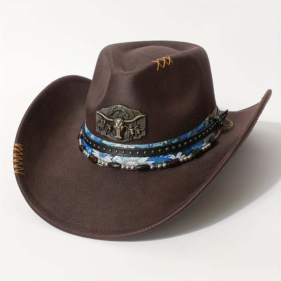 Men'S Western Cowboy Hat - Black Wide Brim with Blue & White Floral Embroidery, Copper Bull Head Metal Belt Buckle, Lightweight Fitted Design for Outdoor, Parties, Performances - All-Season Versatile Cowboy Hat, Cowboy Hat