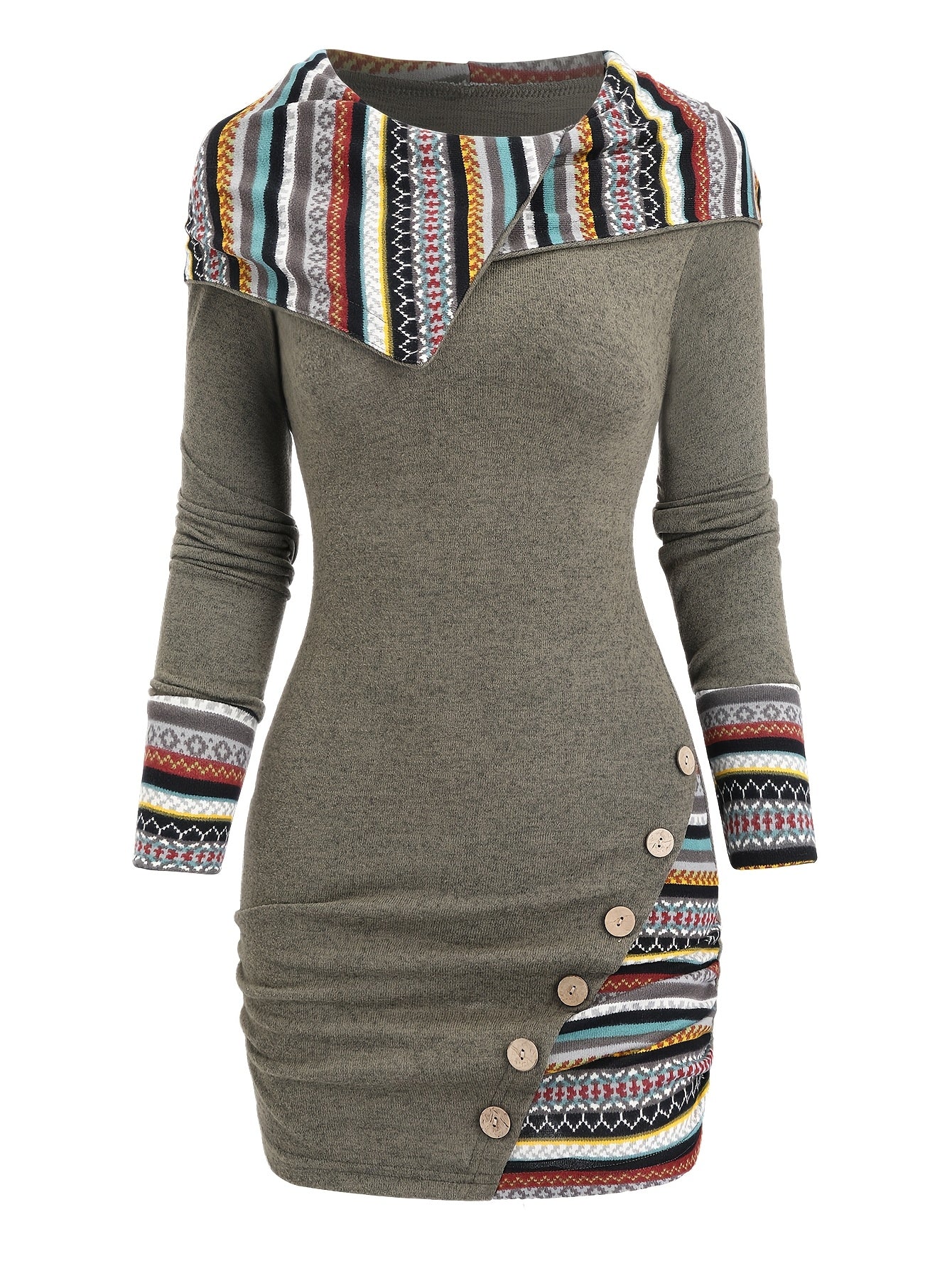 [Tribal Hooded Dress] Polyester Women's Tribal Geometric Stripe Patchwork Hooded Knit Dress | Long Sleeve Bodycon, Casual Style, 95% Polyester 5% Spandex, All Season, 240g/m² Knit Fabric, with Fake Buttons Detail