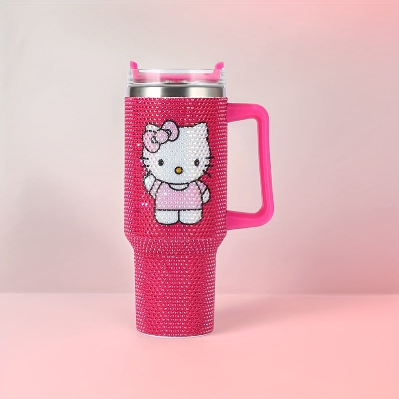 1pc Hello Kitty 40oz Stainless Steel Insulated Water Bottle with Rhinestone Tumbler Lid, Cute Pink Kitty Cat Handle & Straw - BPA-Free Thermos for,, Women, Birthday/Christmas/Valentine's Gift, Hot/Cold Drink Thermos, Drink Bo