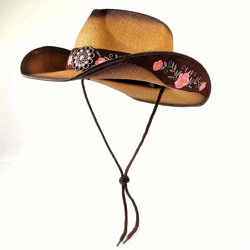 Trendy Choice Women's Western Cowboy Hat - Embroidered Natural Straw Hat with Drawstring Closure, Non-Stretching Fit & Hand Washable - All-Season Outdoor & May Day Celebration Hat