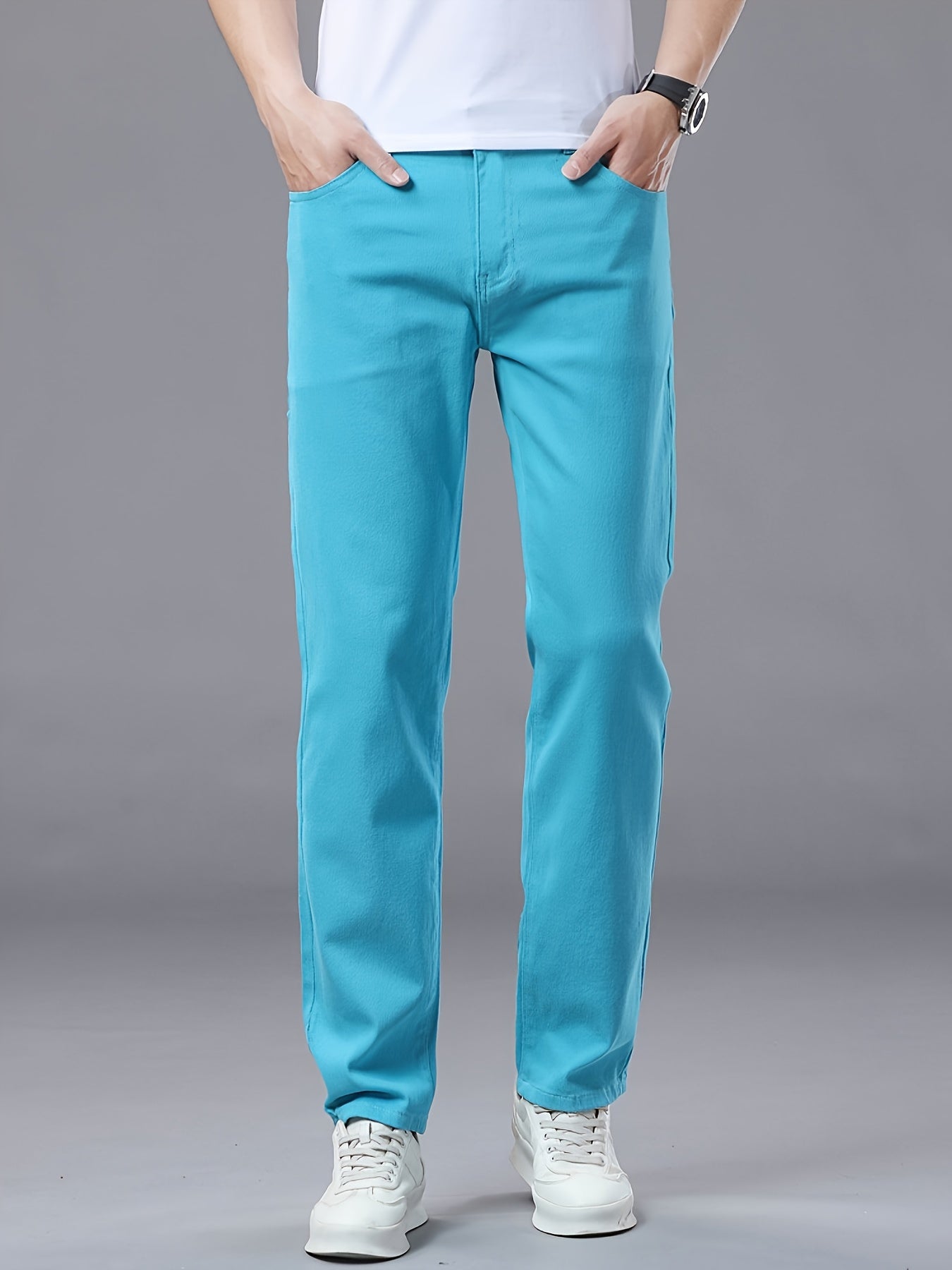 Men's All-Season Slim-Fit Straight-Leg Business Casual Faux Denim - Mid-Rise Beltless Design with Built-In Zipper Closure, Water-Washable Stretch Fabric, Multi-Color Options for Office, Semi-Formal & Casual Attire - Versatile
