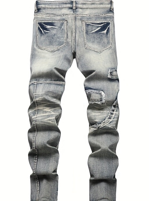 Men'S Mid-waist Vintage Washed Process Frayed Elastic Denim Skinny Jeans