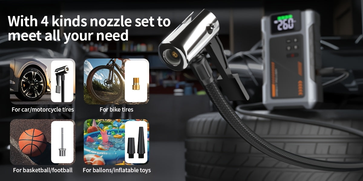Portable Car Air Compressor & Jump Starter with LED Emergency Light, 3000A Peak Power, 12V for Gas/Diesel Engines, USB Input/Output, Digital Tire Inflator, Red, Insulated Material, Fast Charging, Car Accessories Tools, Vehicl