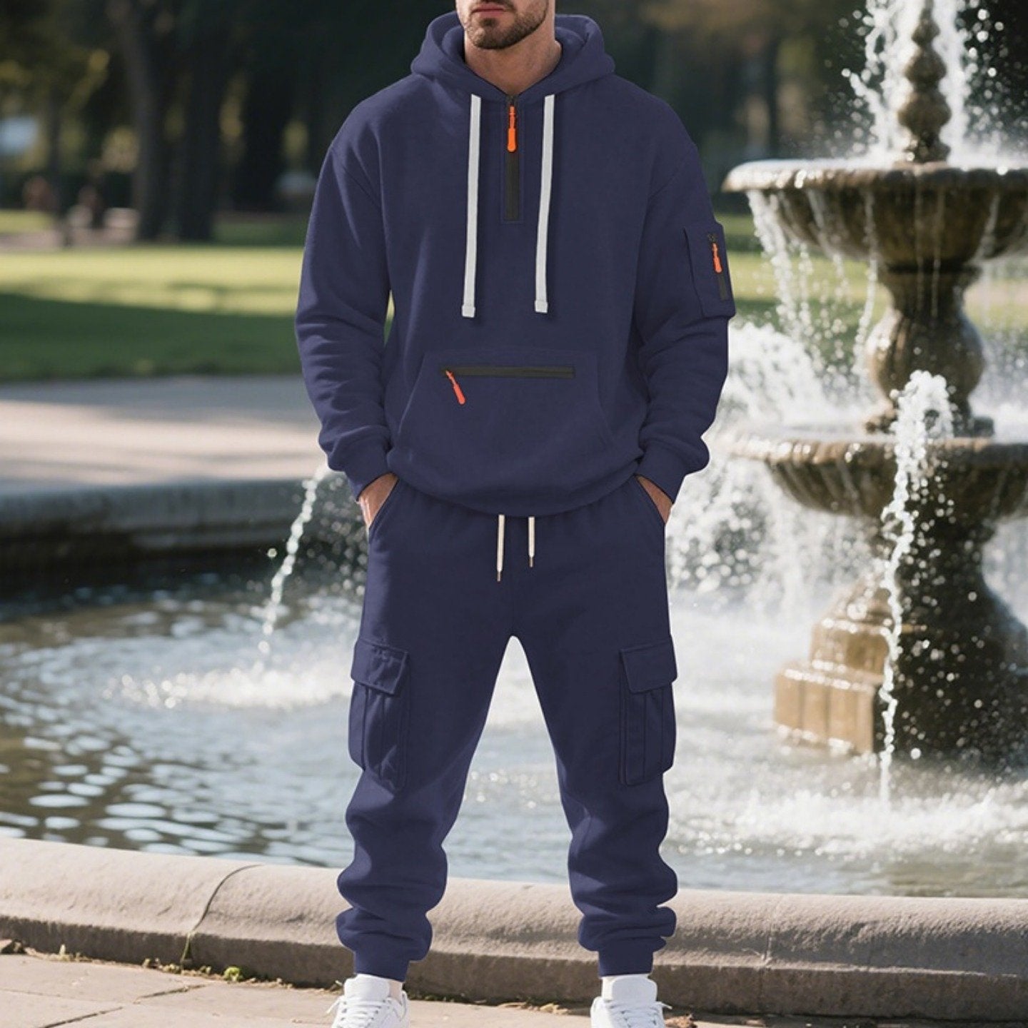 1 Set 2pcs Men's Athletic Casual Tracksuit - Fleece Lined Hooded Long Sleeve Pullover Sweatshirt & Pocketed Sports Pants, Warm Fleece Lining with Breathable Fabric, Perfect for Daily Wear, Outdoor Activities, Home Leisure - M