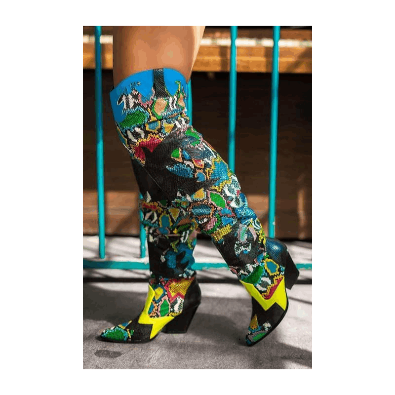 HILDA Colorful Snakeskin Over-the-Knee Boots – Chunky Low Heel Western Style