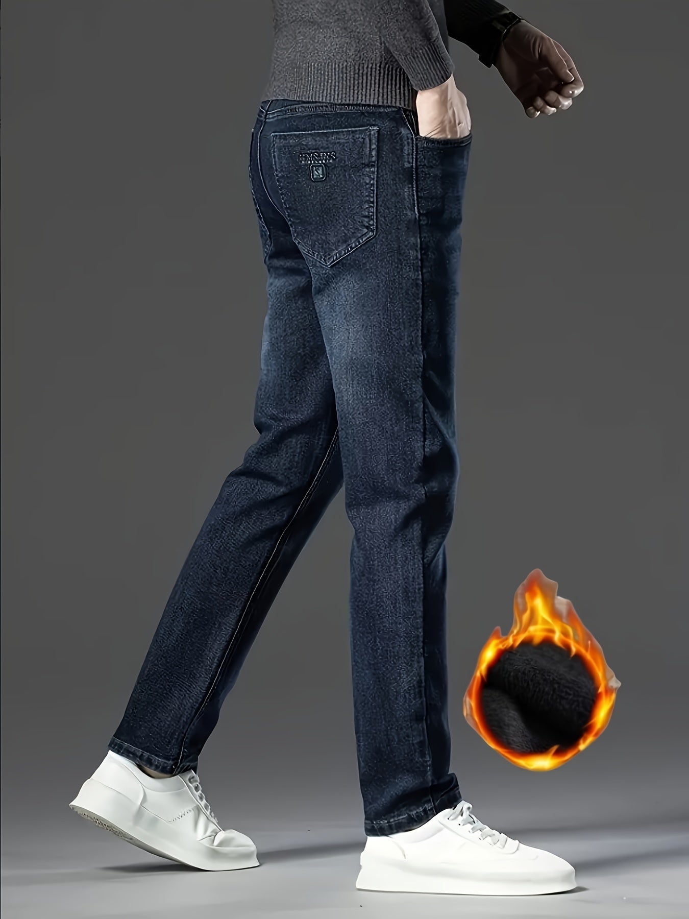 HME Men'S Thermal Insulated Fleece-Like Faux Denim Faux Denim - Mid-Rise Straight-Leg Winter Pants with YKK Zipper Closure, Machine Washable & Beltless Design, Business Casual & Casual Attire, Cold-Resistant Stretch Fabric (R
