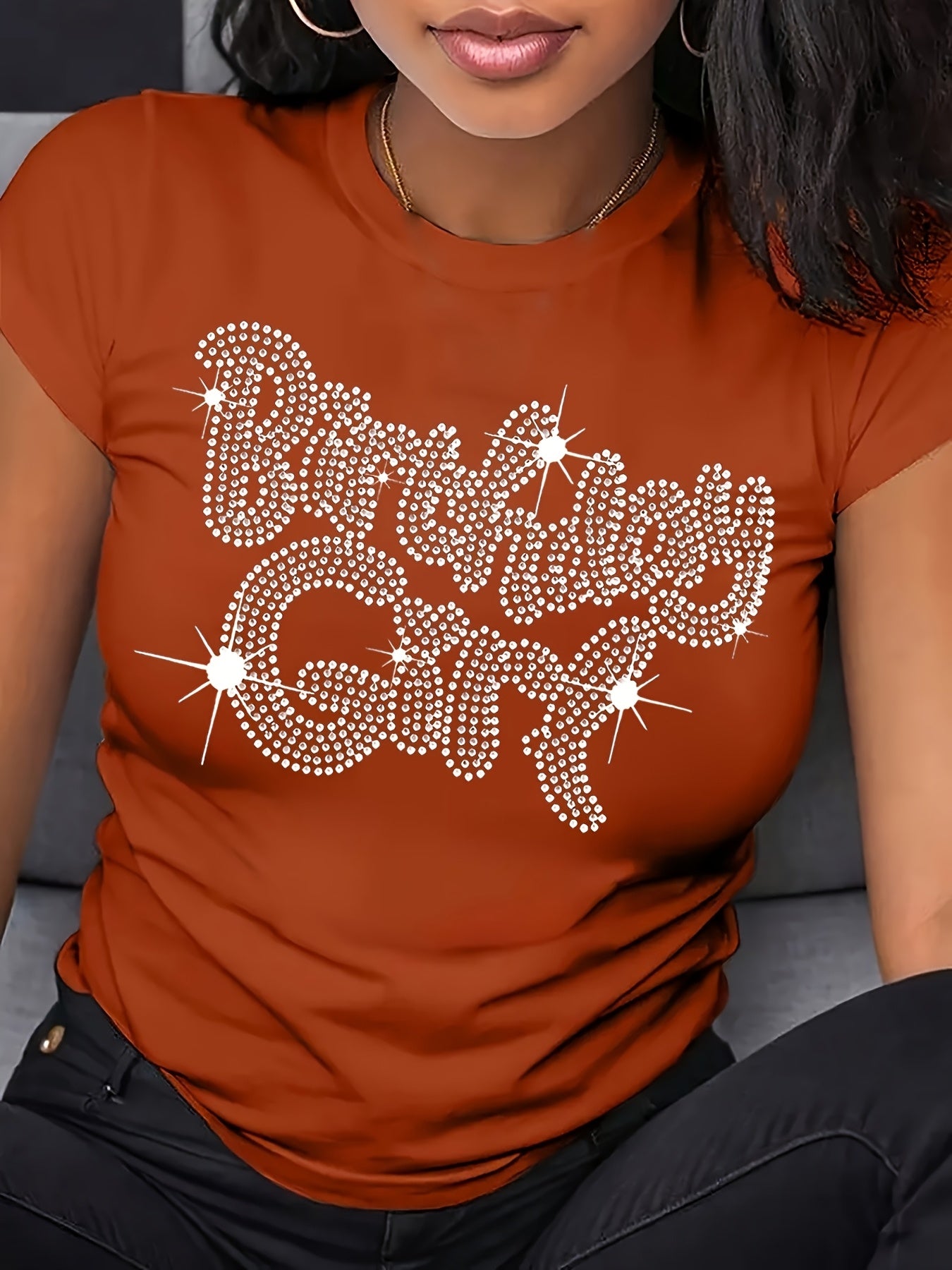 Celebratory Shine] Women's Sparkling Rhinestone "Birthday Girl" Graphic T-Shirt - Soft Polyester Knit, Crew Neck, Short Sleeve, Glittery Letter Print, All-Season Casual Wear, Festive Attire | Casual Crew Neck | Comfortable Fi