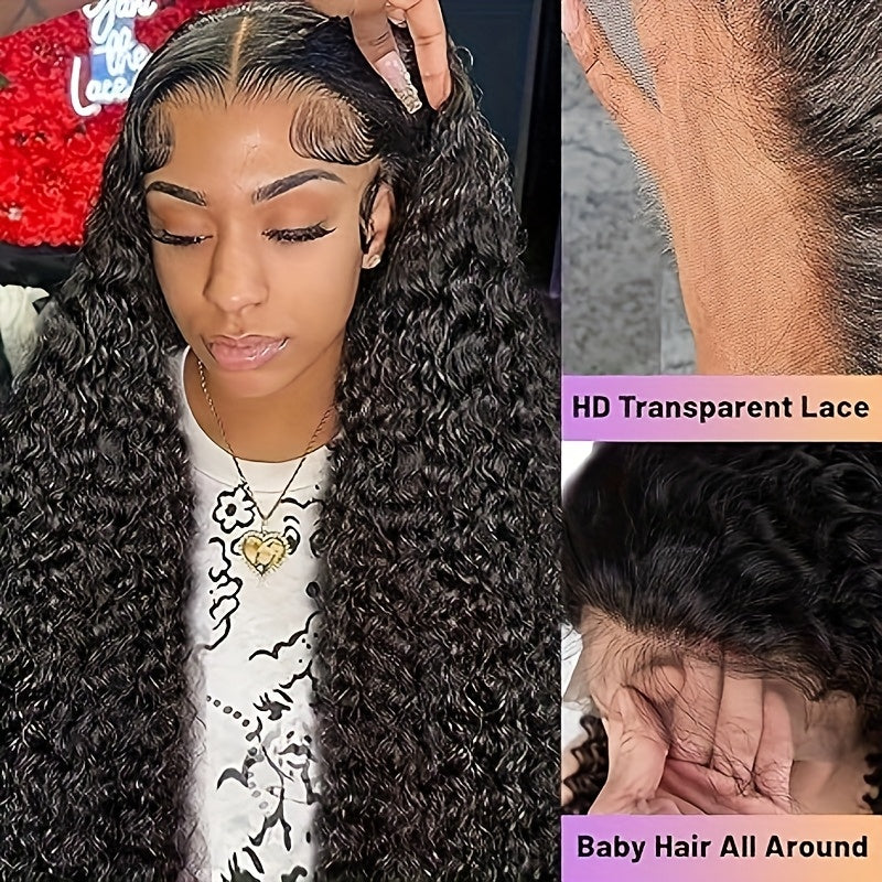 13x4 HD Transparent Lace Front Wig Human Hair - Pre Plucked Glueless Deep Curly & Wavy Natural Brown Lace Frontal Wig with 200% Density, Wet & Wavy Texture for /, Natural Color Blonde/Red Highlights (No Glue Needed)