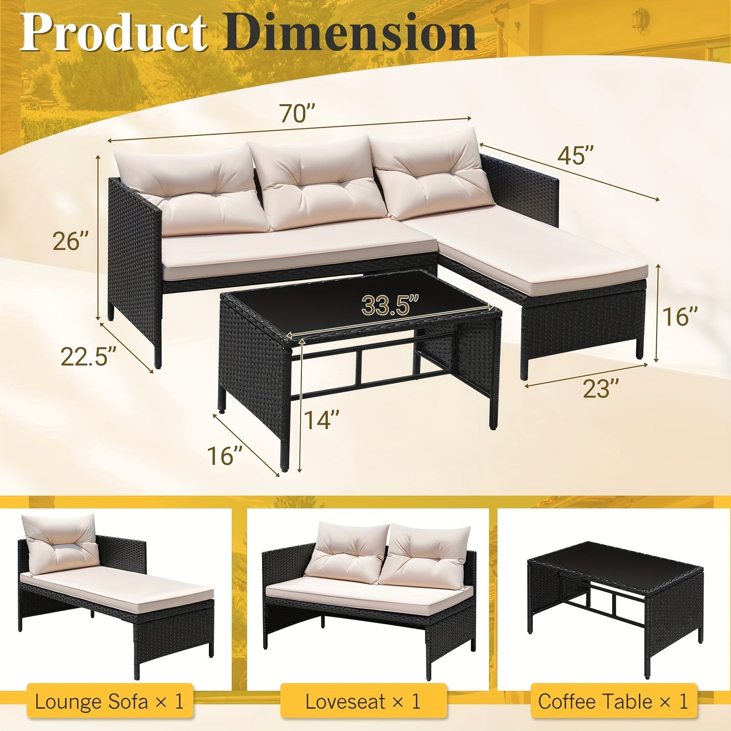 Outdoor Rattan Sofa, L-Shaped Lounge Chair With Table, Black Rattan And Beige Cushion