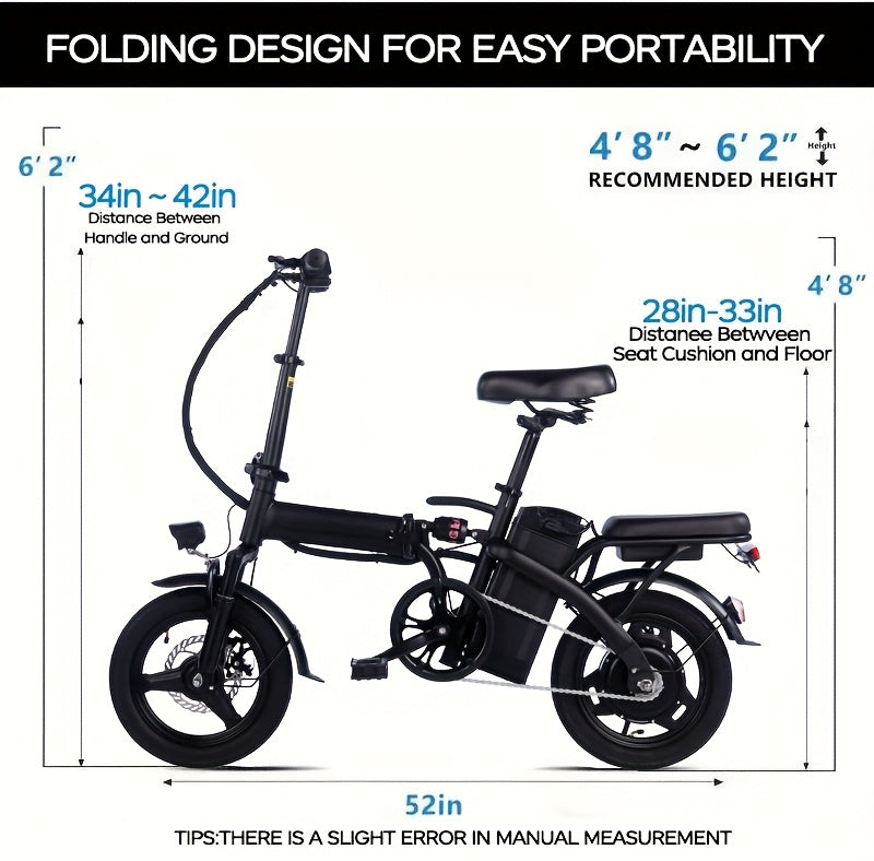 14 Inch Foldable Adult Electric Bicycle, Clearance Dealership, 500w Motor, Maximum Speed Of 20 MPH, 48V 10.4Ah Lithium Battery, 14 Inch Tires, Portable Folding Design, Outdoor Cycling Exercise, Urban Commuting Travel, Detacha