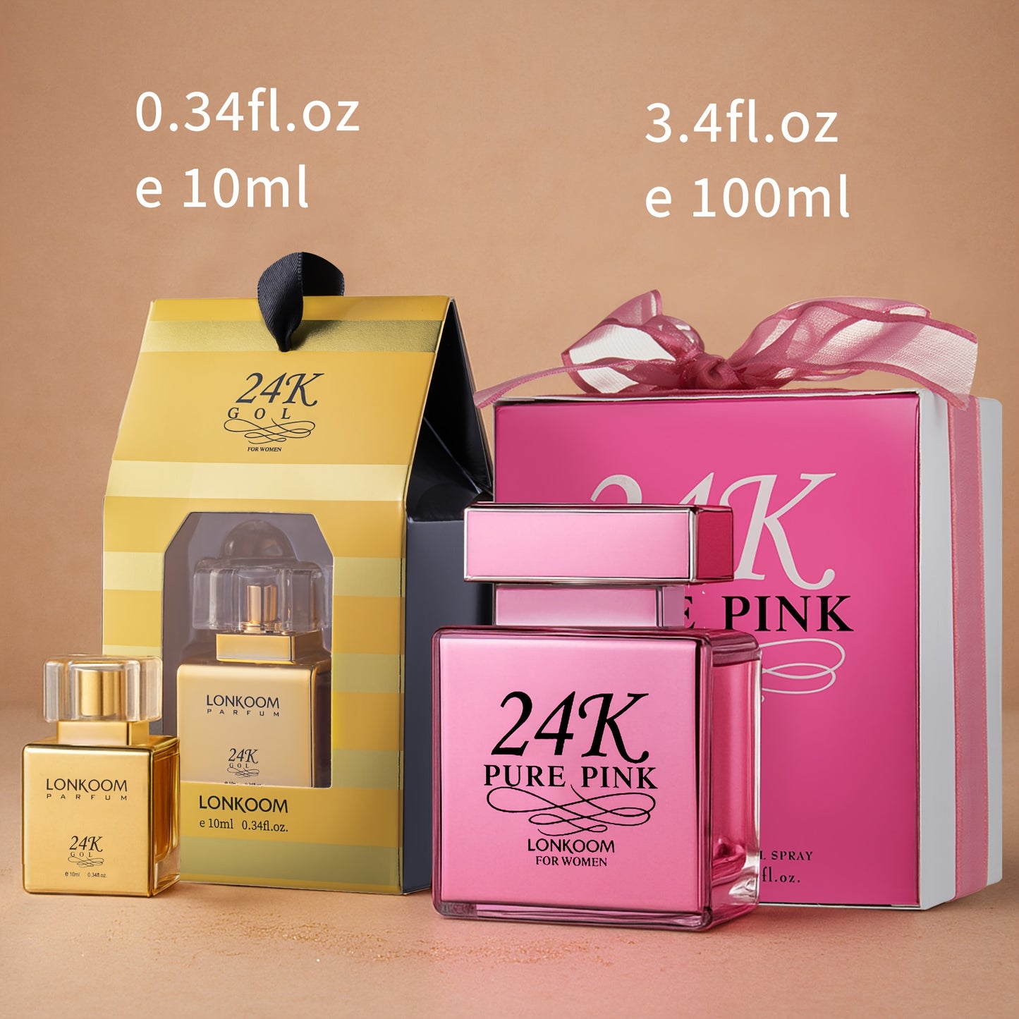 2pcs LONKOOM Long-Lasting Eau De Parfum for Women - Floral-Fruity & Sweet Fruity Fragrance, 3.4fl.oz + 0.34fl.oz Travel-Size, Luxury Gift Box with Pink Ribbon, Perfect for Daily Wear, Office, Travel, Birthday, Mother’s Day
