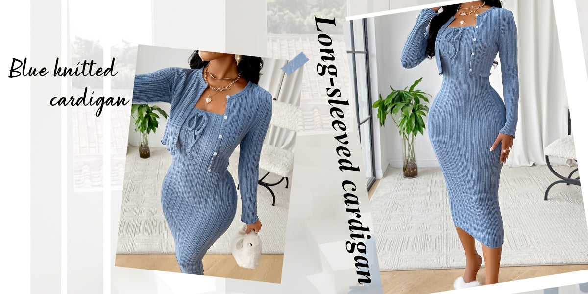 Women's Casual Simple Fashion Textured Solid Color Bow Tie Bodice Dress with Short Jacket Two Piece Set