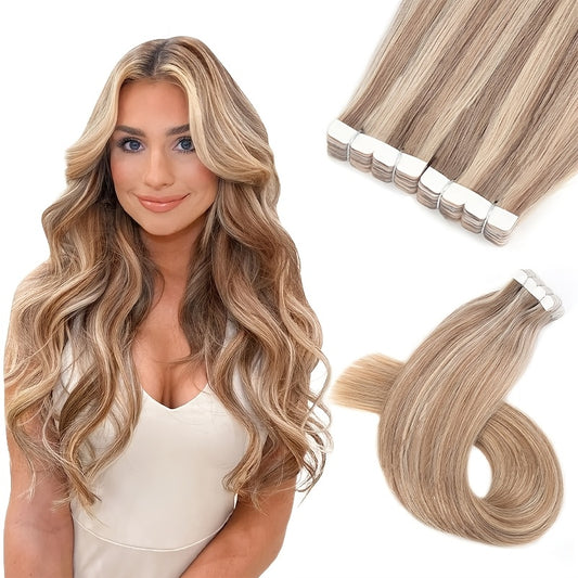 16pcs Vlasy Women's Natural Blonde Balayage Highlights Hair Extensions - Seamless Clip-In Straight Human Hair (12"-24" Lengths, Brown to Blonde Tones) - Easy Application & Damage-Free Removal, Natural Brown Base for Lighter S