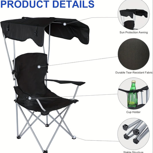 YSSOA Foldable Canopy Lounge Chair with Sunshade & Cup Holder for Camping, Hiking, Travel - Black, 21.6" x 21.6" x 36", Breathable Fabric, Sturdy Iron Frame, Outdoor Comfort