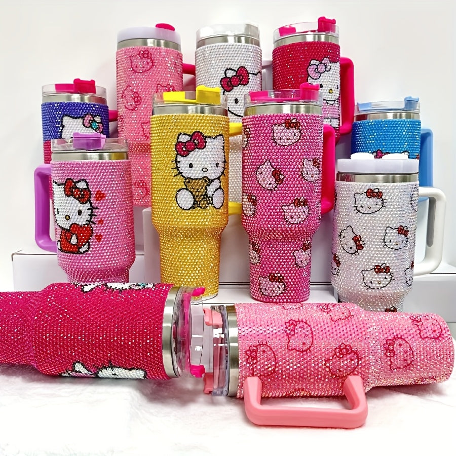 1pc Hello Kitty 40oz Stainless Steel Insulated Water Bottle with Rhinestone Tumbler Lid, Cute Pink Kitty Cat Handle & Straw - BPA-Free Thermos for,, Women, Birthday/Christmas/Valentine's Gift, Hot/Cold Drink Thermos, Drink Bo