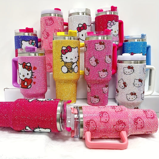 1pc Hello Kitty 40oz Stainless Steel Insulated Water Bottle with Rhinestone Tumbler Lid, Cute Pink Kitty Cat Handle & Straw - BPA-Free Thermos for,, Women, Birthday/Christmas/Valentine's Gift, Hot/Cold Drink Thermos, Drink Bo