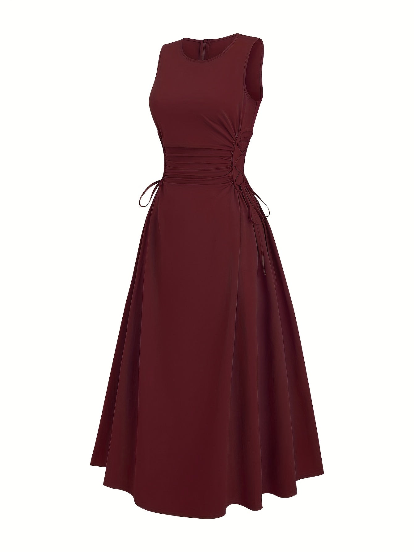 Halloween Elegant Navy Blue A-Line Dress for Women - Sleeveless, Cinched Waist with Tie Detail, Ruffled Hem, Perfect for Spring/Summer/Fall, Casual Elegant Wear | Sleeveless Dress | Cinched Waist Design