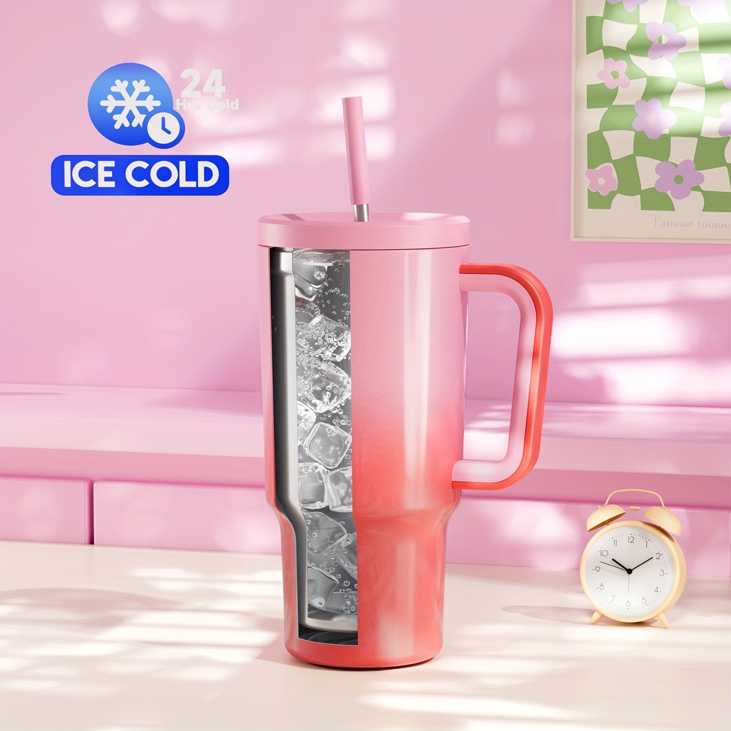 1pc Meoky 30oz Stainless Steel Tumbler with Handle, Lid & Straw - BPA-Free, Leak-Proof Insulated Travel Mug, Keeps Drinks Hot for 8 Hours, Cold for 24 Hours, Hand Wash Only