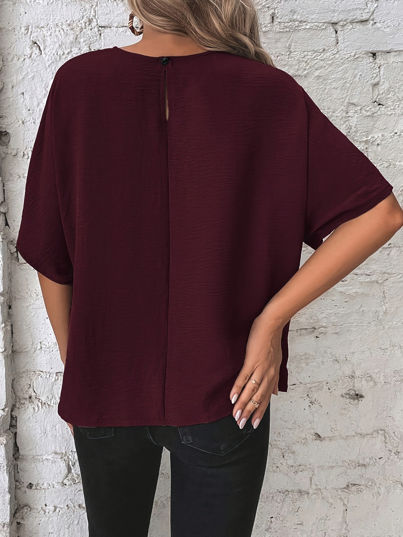 [Burgundy Casual Shirt] Burgundy Women's Casual Shirt | Batwing Sleeve, Side Knot Detail, Round Neck, Solid Color, Machine Washable, Regular Fit