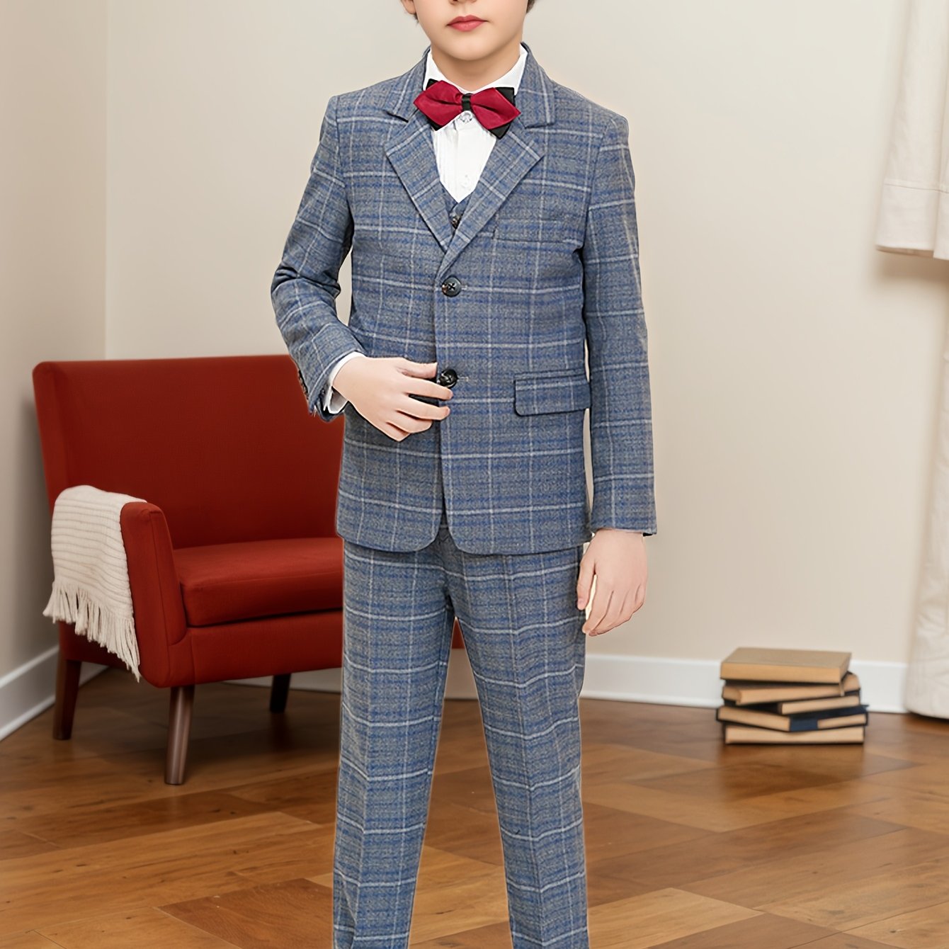 Boys' Suit Three-Piece Set Blue and White Plaid Jacket + Vest + Trousers 6-16 Size Formal Wear Boys' Wedding Dress Party Performance Outfit Christmas Collection School Event Attire