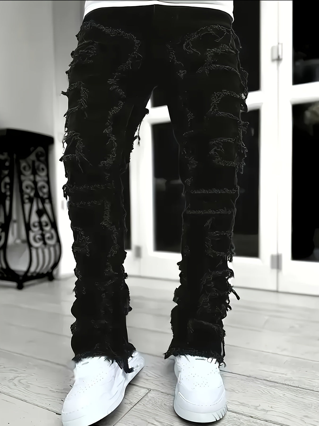 Men's Stretch Skinny Jeans - Slim-Fit Distressed Frayed Hem Pants, Mid-Rise Waist & Tapered Cuff, Non-See-Through All-Season Jeans for Everyday & Formal Outfits - Machine Washable Denim-Like Pants, Formal Outfit Jeans, Casual