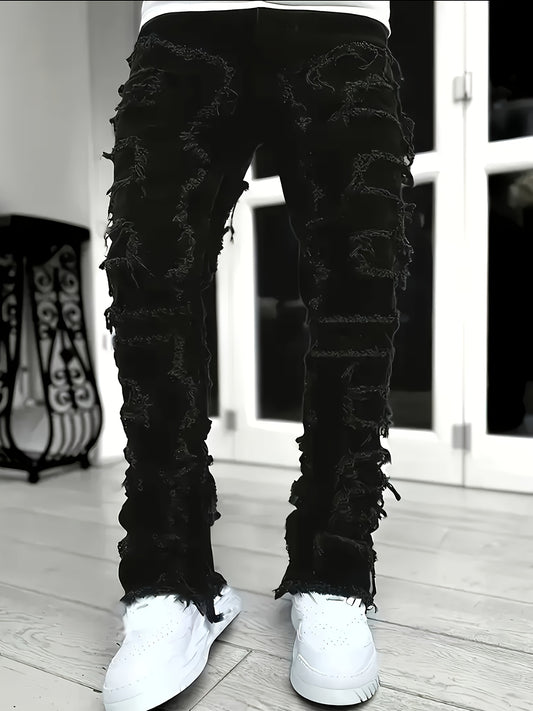 Men's Stretch Skinny Jeans - Slim-Fit Distressed Frayed Hem Pants, Mid-Rise Waist & Tapered Cuff, Non-See-Through All-Season Jeans for Everyday & Formal Outfits - Machine Washable Denim-Like Pants, Formal Outfit Jeans, Casual