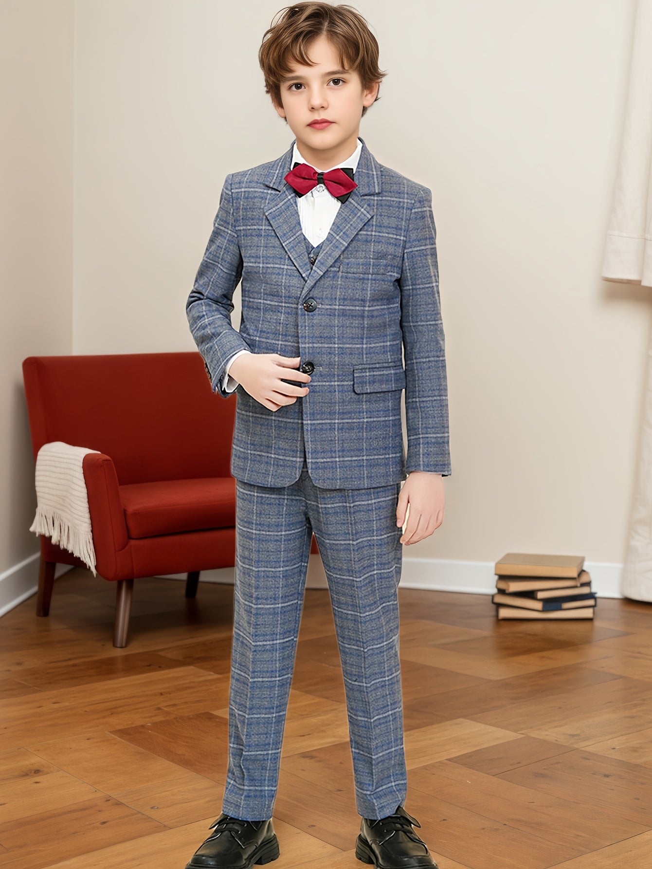 Boys' Suit Three-Piece Set Blue and White Plaid Jacket + Vest + Trousers 6-16 Size Formal Wear Boys' Wedding Dress Party Performance Outfit Christmas Collection School Event Attire